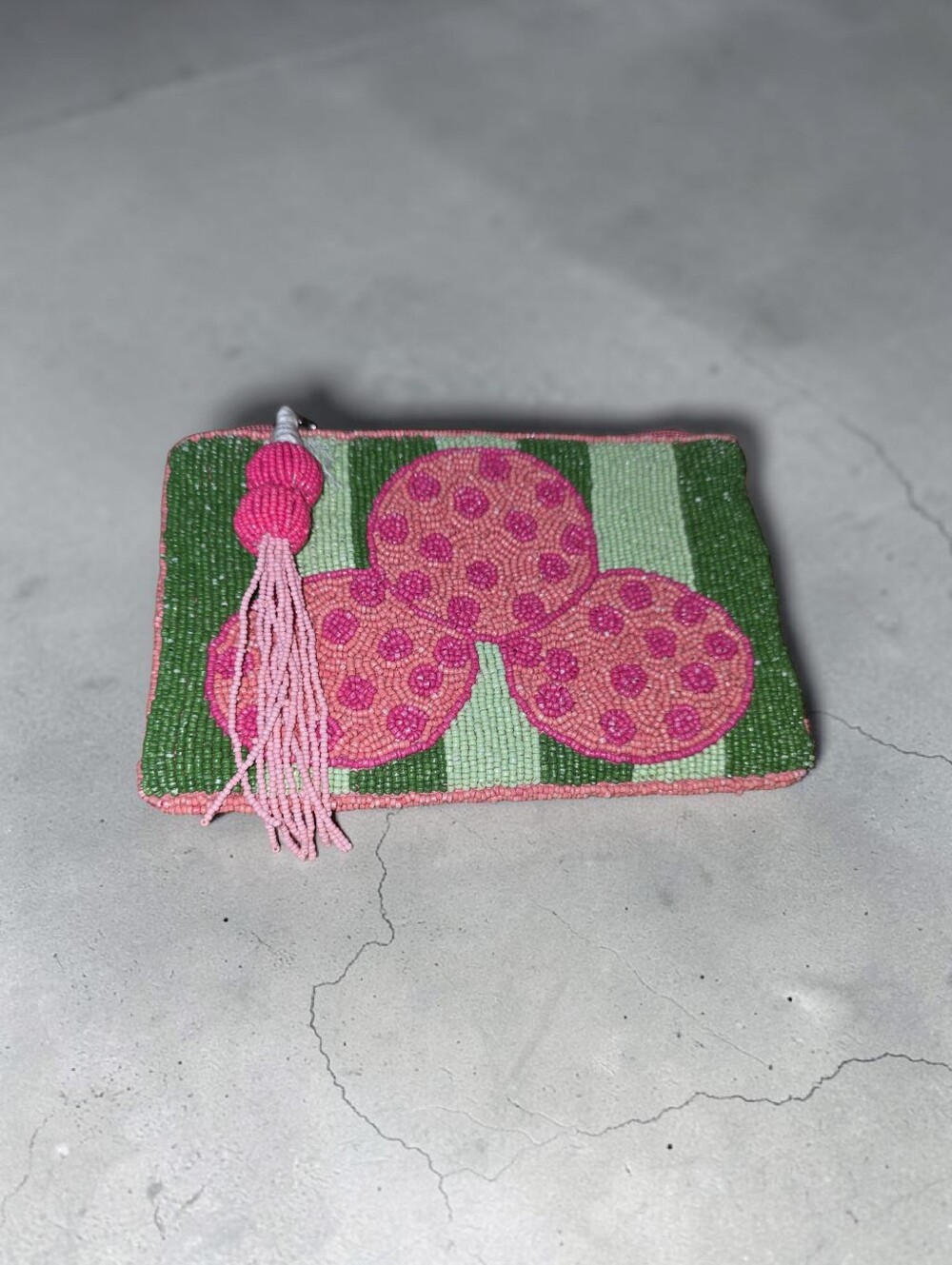 Nwt Small Indian Handmade Hand-Beaded Pink & Green With Tassel Wristlet Clutch